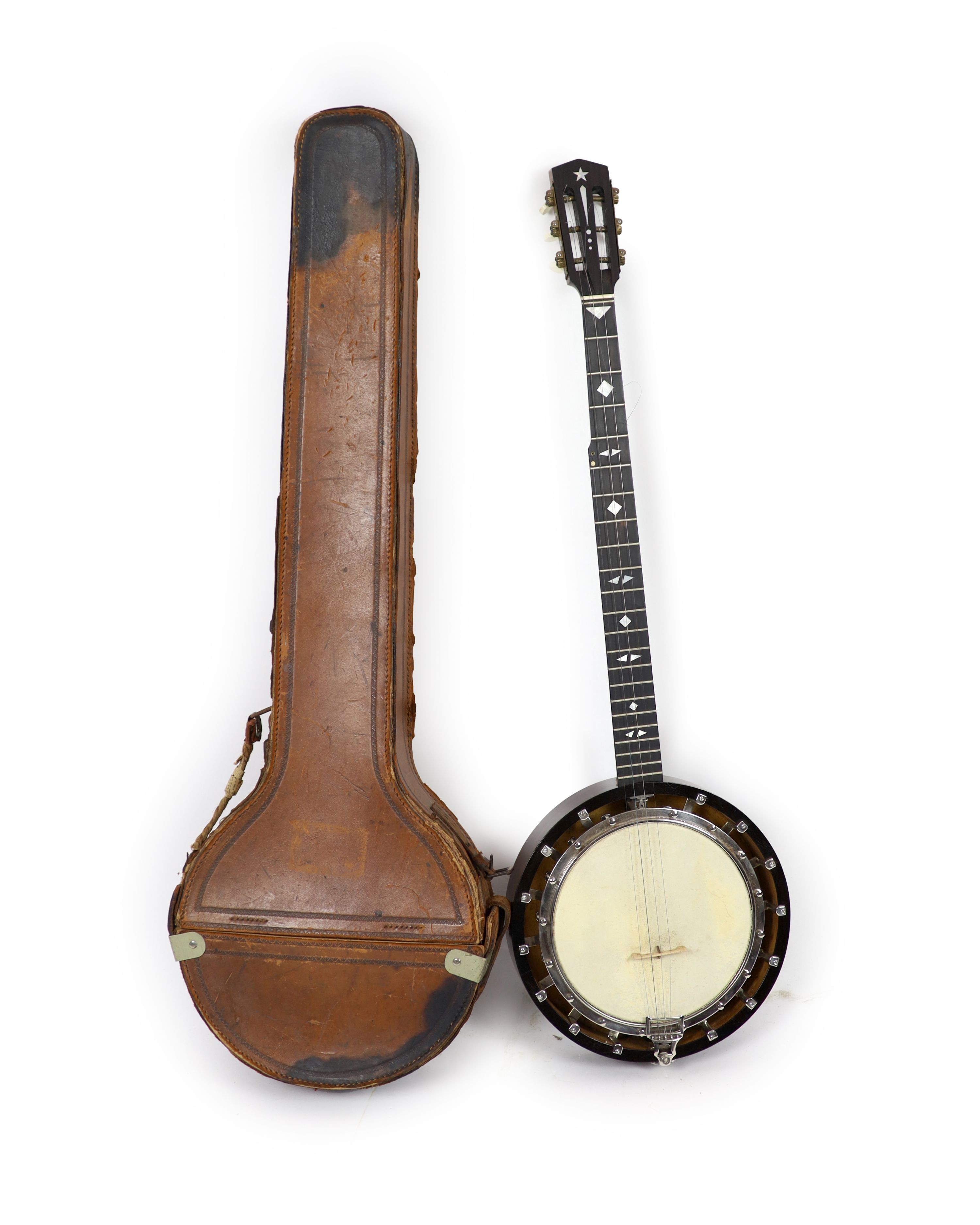 A Clifford Essex inlaid ebony banjo, overall length 94cm, with distressed leather case